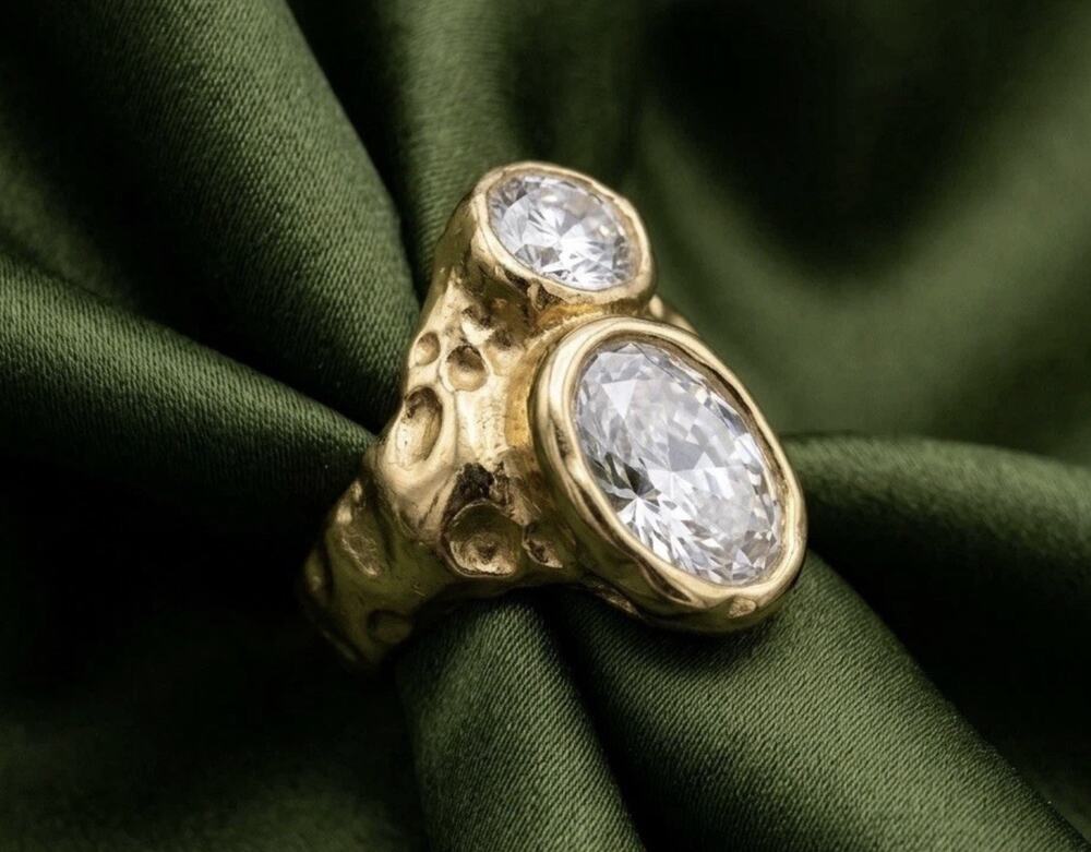 Hammered Molten Ring Crystal CZ Sz 7 Gold Y2K Statement Sculptural Boho Artisan